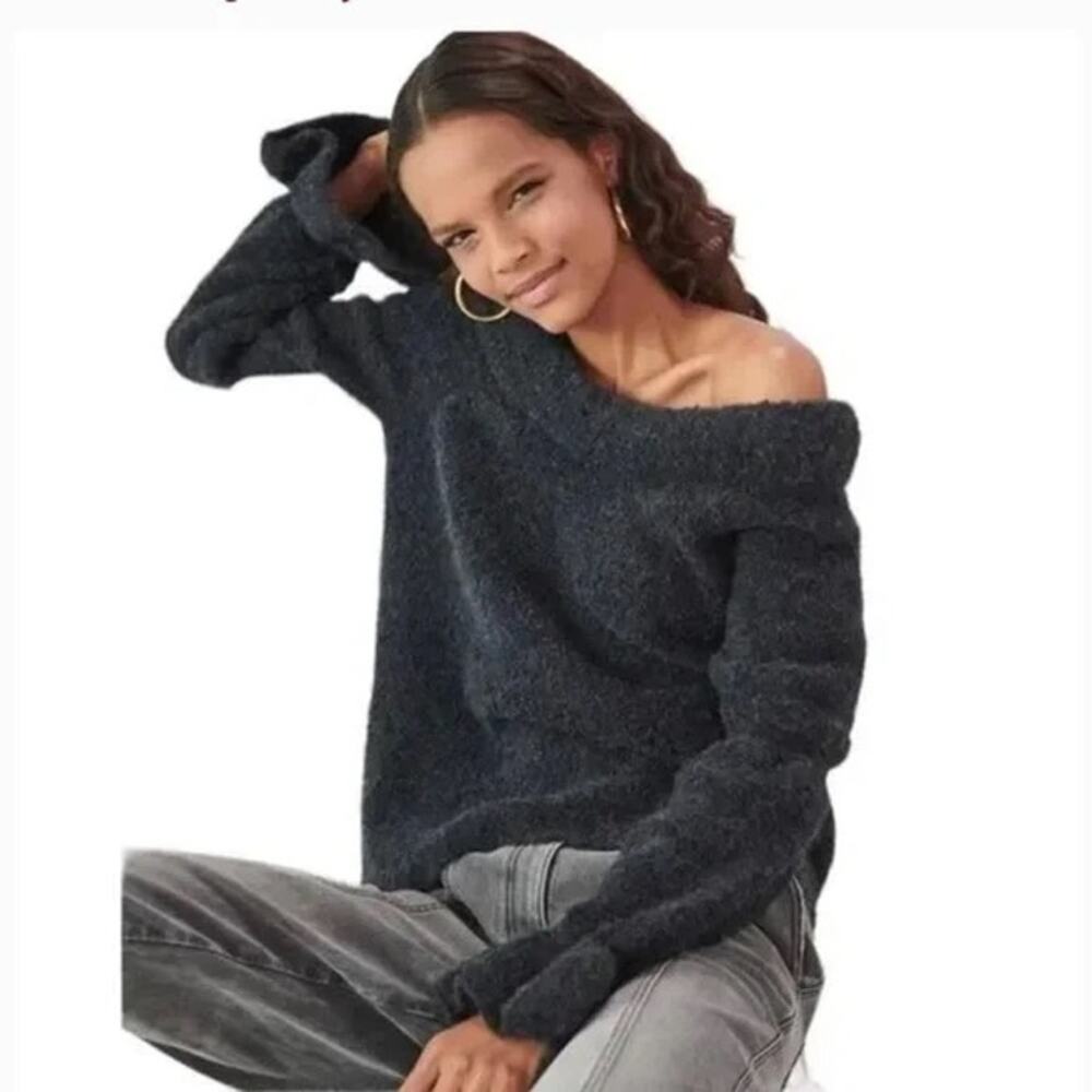Something Navy Maisie Blue Black Off the Shoulder Wool Blend Sweater Top XXS